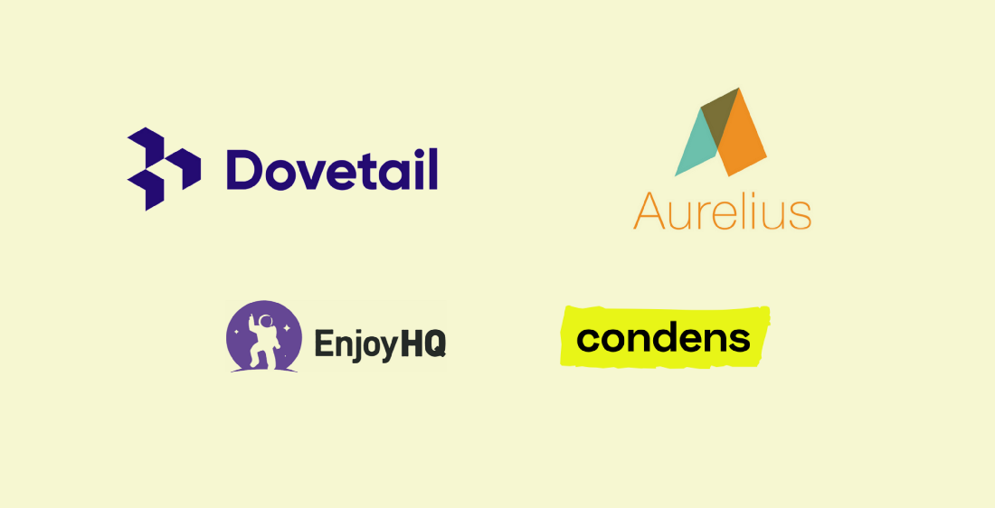 Logos of four ‘research repository tools’: Dovetail, Aurelius, EnjoyHQ, Condens. If you are reading these alt-tags, give me a shout out on Twitter: twitter.com/gewoonm