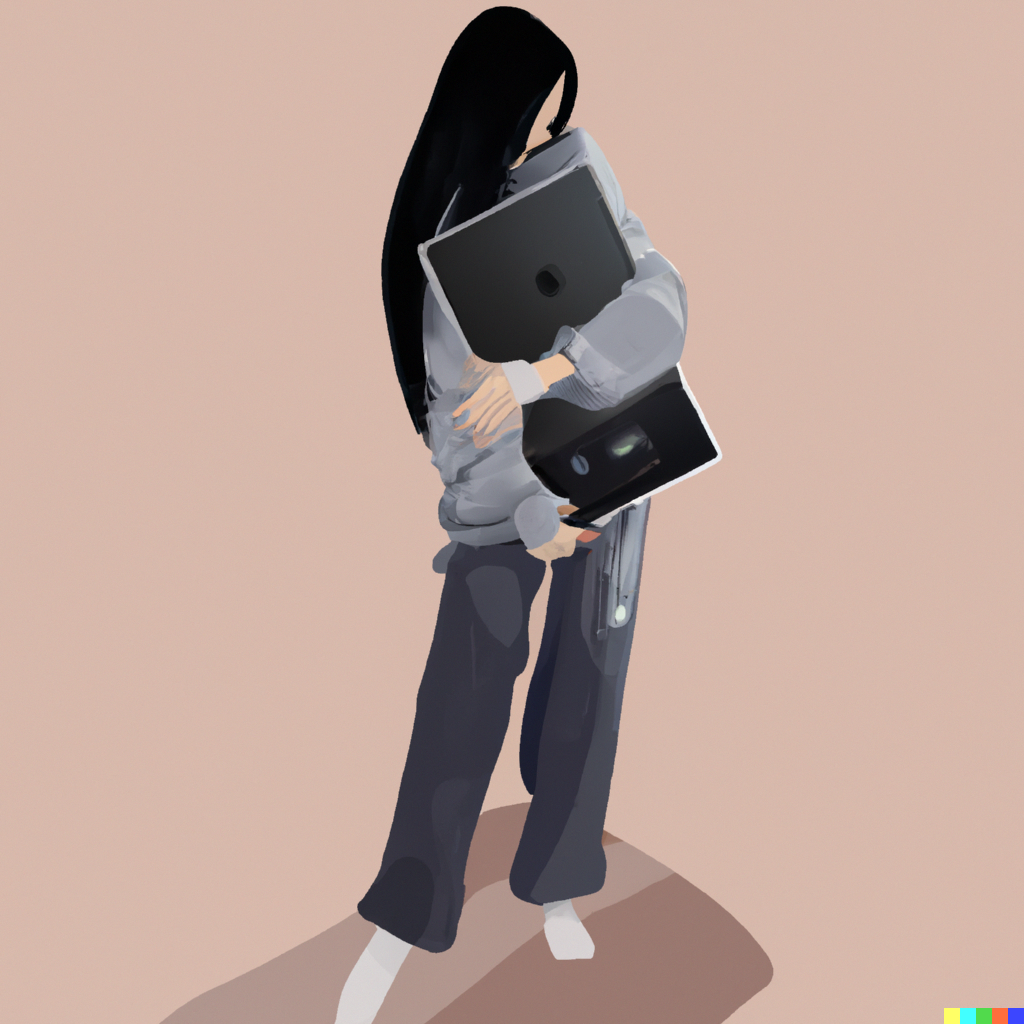 Illustration of a girl holding her laptop in front of her, hugging it as a person