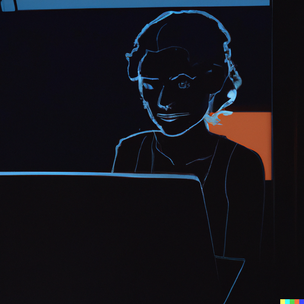 Woman sitting behind a laptop. She is basically an outline, because the light comes from behind.