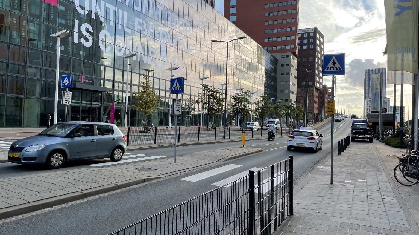 The three crossings as a pedestrian would normally see them: only the second sign is visible (“traffic from the right”)