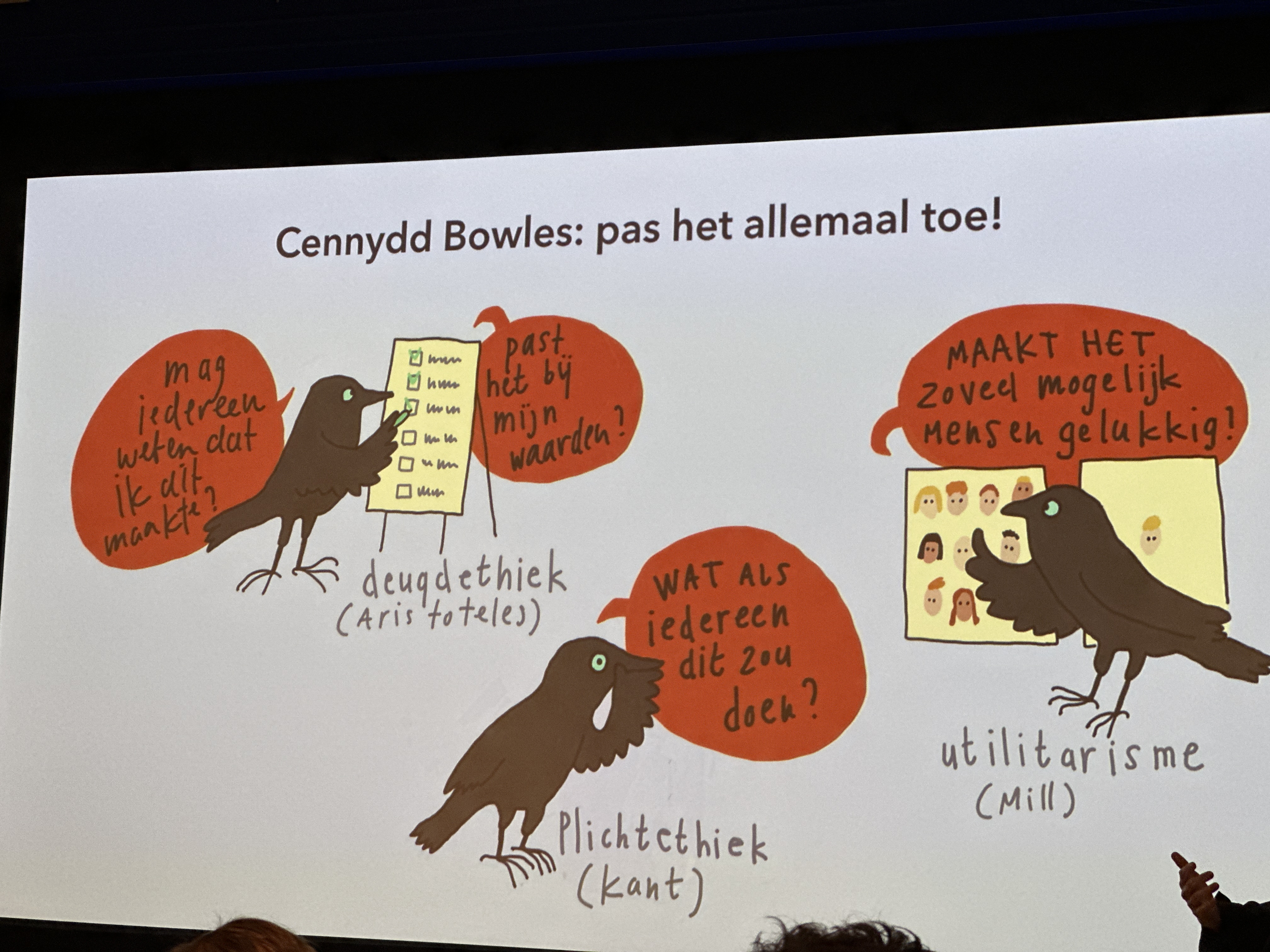 Cenydd Bowles says use all ethics frameworks: personal values (Aristotle), what if everything did this (duties, Kant), does it make a lot of people happy (utalitarism, Mill)