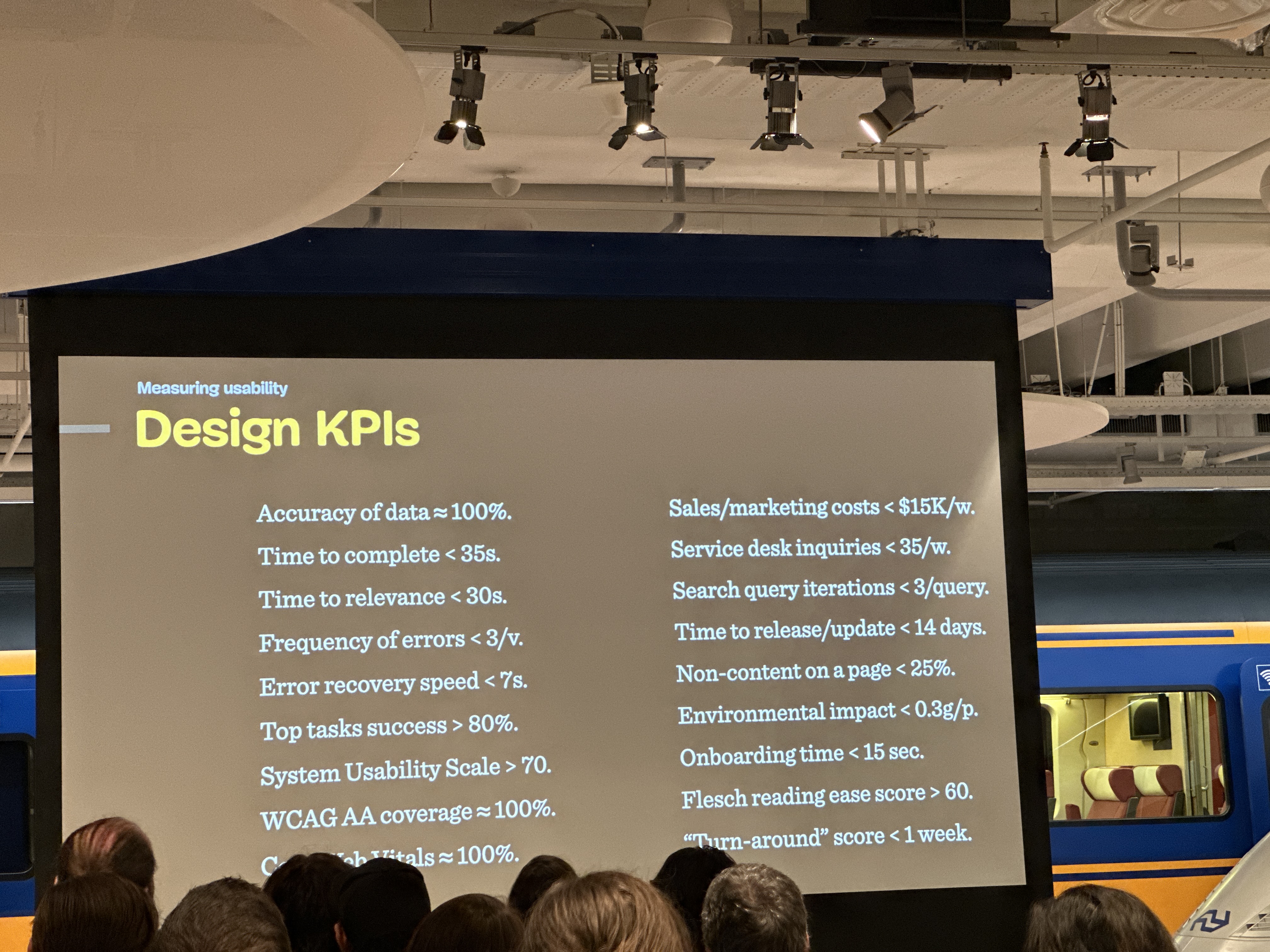 Design KPIs: time to complete, time to relevance, system usability scale, reading ease score, environmental impact